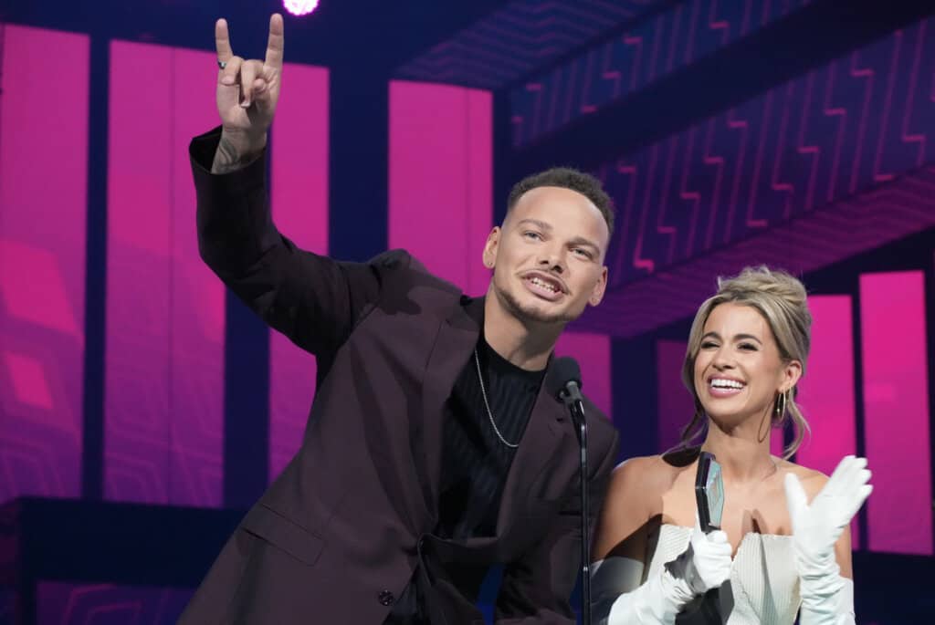 Kane Brown and Katelyn Jae Brown, winners of Video of the Year for "Thank God," speak onstage during the 2023 CMT Music Awards at Moody Center on April 02, 2023 in Austin, Texas. (Photo by Jeff Kravitz/Getty Images for CMT)