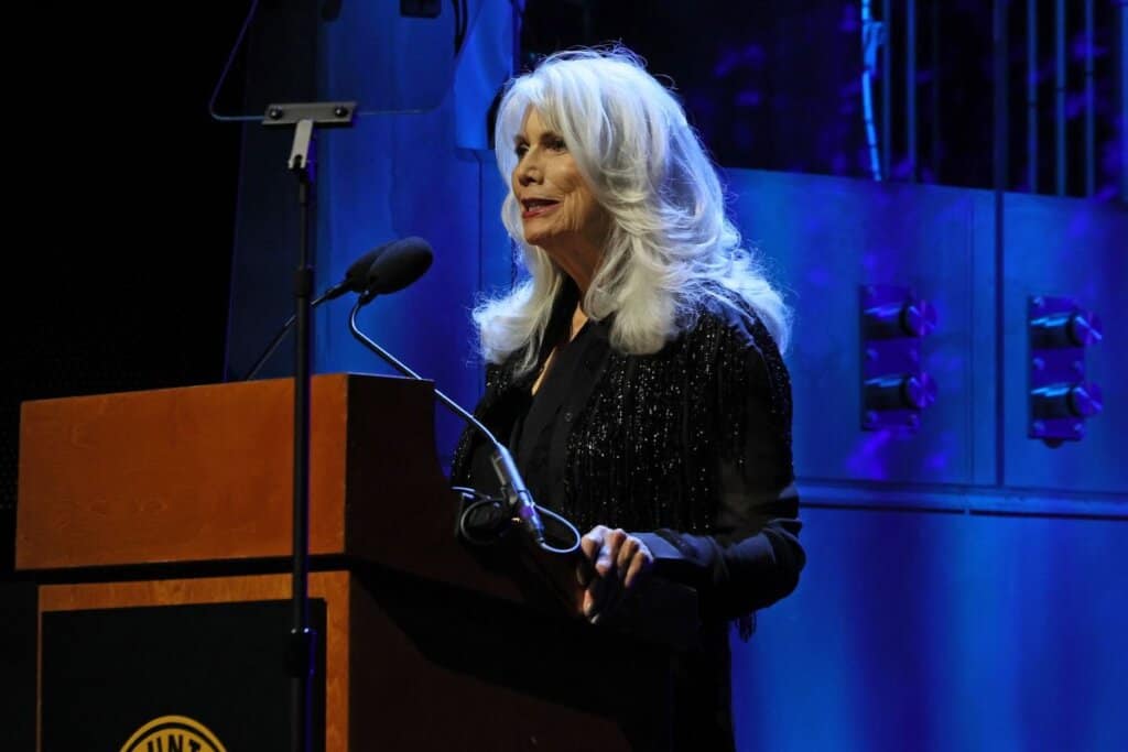 Emmylou Harris speaks onstage during the Medallion Ceremony for the Class of 2025 at Country Music Hall of Fame and Museum on October 19, 2025 in Nashville, Tennessee. (Photo by Terry Wyatt/Getty Images for Country Music Hall of Fame and Museum)