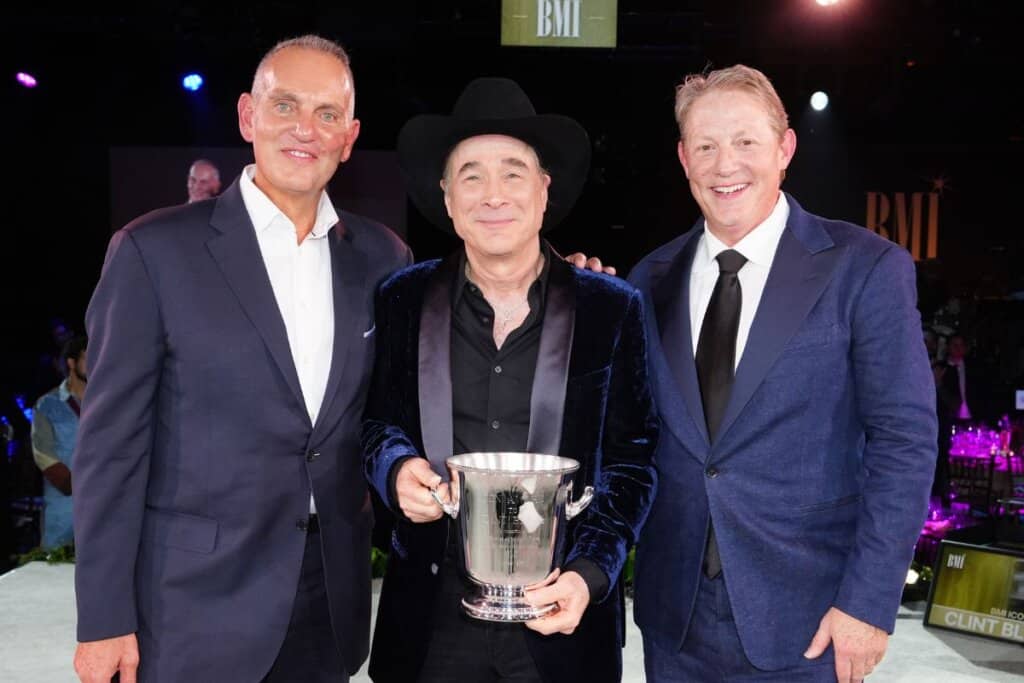 Mike O'Neill, President/CEO, BMI, Clint Black and Clay Bradley, Vice President, Creative, Nashville, BMI; Photo by Getty Images for BMI