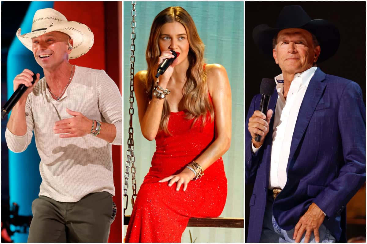 Kenny Chesney, Kelsea Ballerini, George Strait; Photos by Kevin Mazur/Getty Images for CMA,