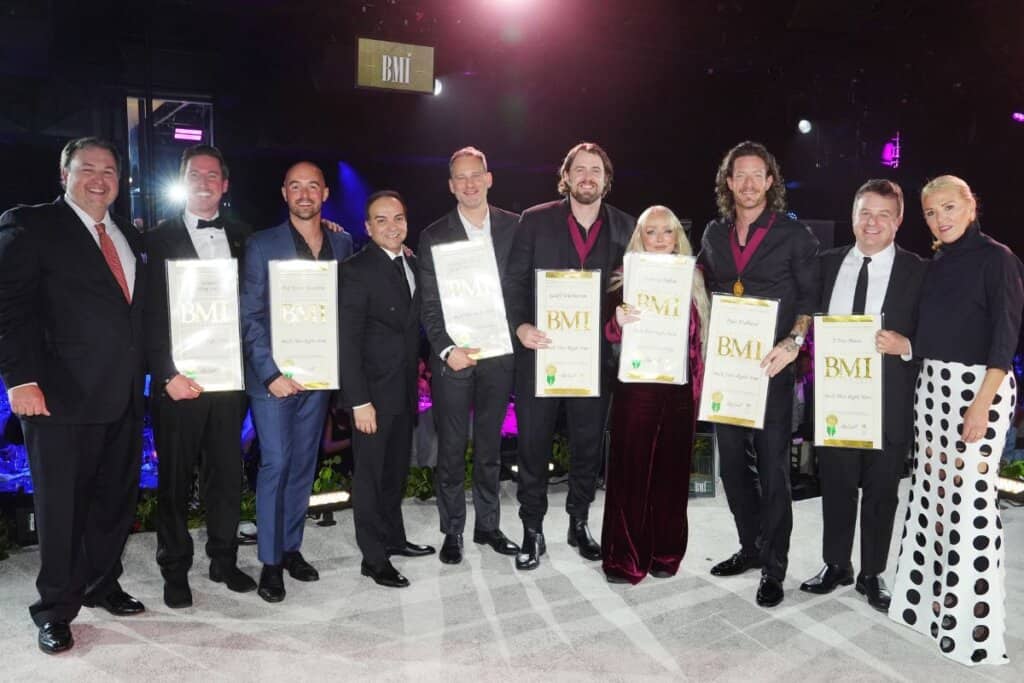 Mason Hunter, Spencer Nohe, Alex Heddle, Mike Molinar, Casey Robison, Geoff Warburton, Jessie Jo Dillon, Tyler Hubbard, Josh Saxe and Leslie Roberts;  Photo by Getty Images for BMI