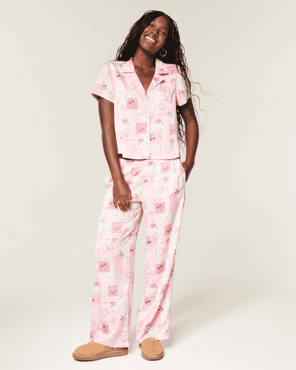 Patchwork Pattern Button-Through Top and Wide Leg Pants; Hollister
