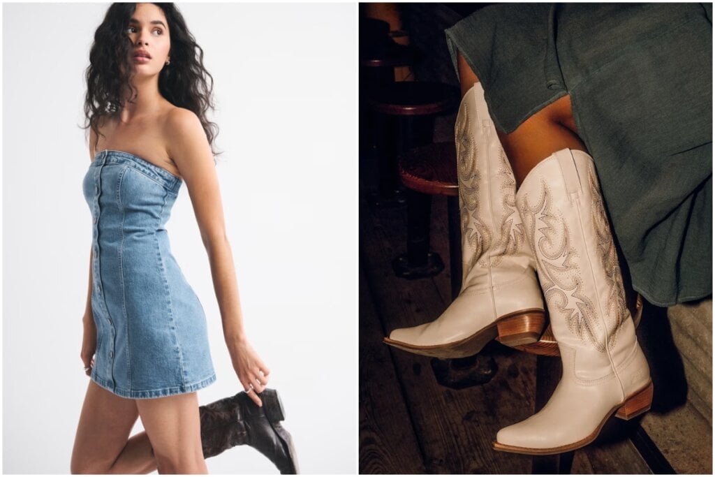 Abercrombie & Fitch - The A&F Mara Strapless Denim Mini Dress, DSW - Frye & Co. Irlene Tall Deco Stitch Western Boot