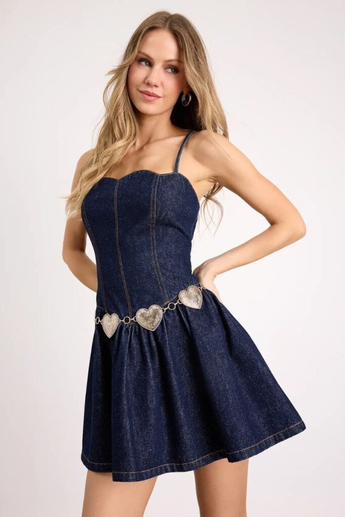 Lulus; Phoenix Dark Wash Basque Waist Mini Dress, Prescott Gold Heart Concho Belt