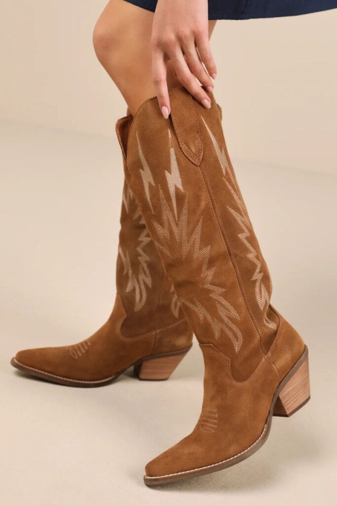 Thunder Road Camel Suede Leather Knee-High Western Boots; Lulus
