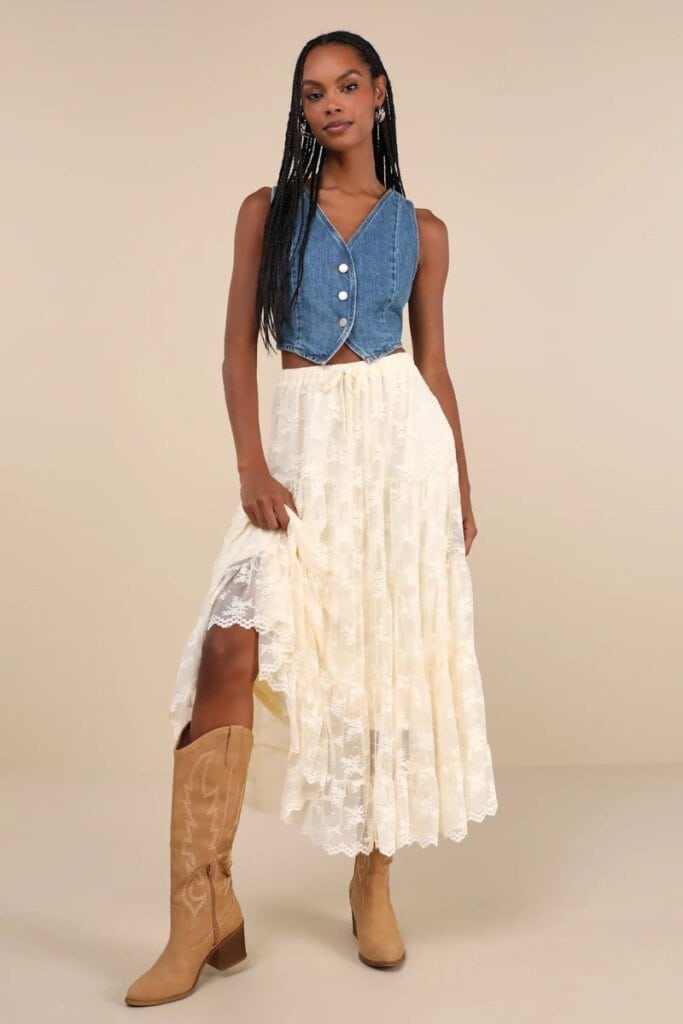 Exceptionally Graceful Cream Lace High-Rise Tiered Midi Skirt; Lulus