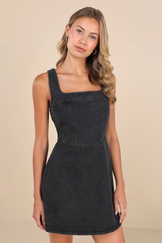 So Delighted Washed Black Denim Corset Seam Mini Dress; Lulus