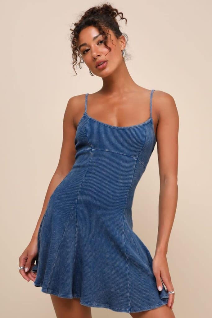 Simply Pretty Washed Blue Ribbed Pleated Sleeveless Mini Dress from Lulus 
