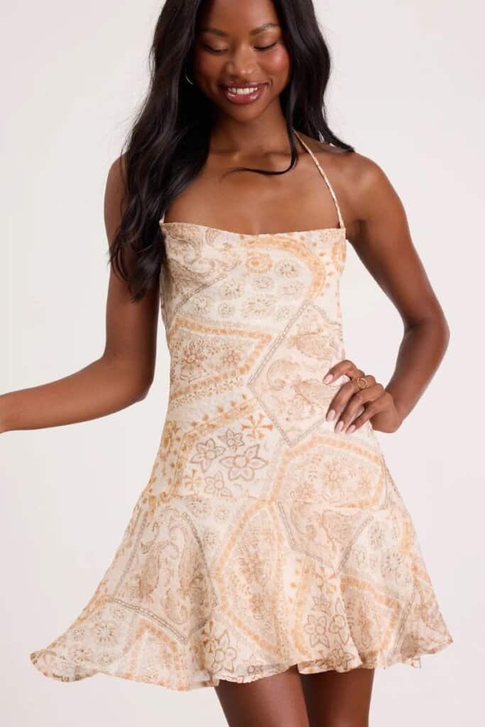 Nell Multi Boho Print Halter Mini Dress; Lulus