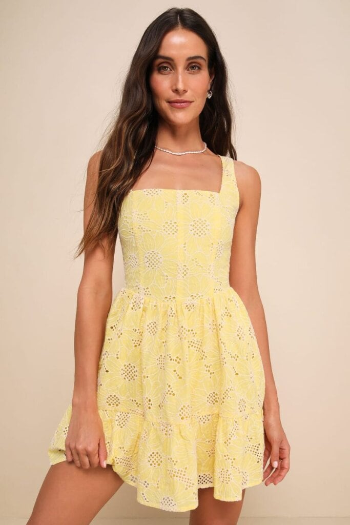 Bright Personality Yellow Embroidered Floral Skater Mini Dress; Lulus