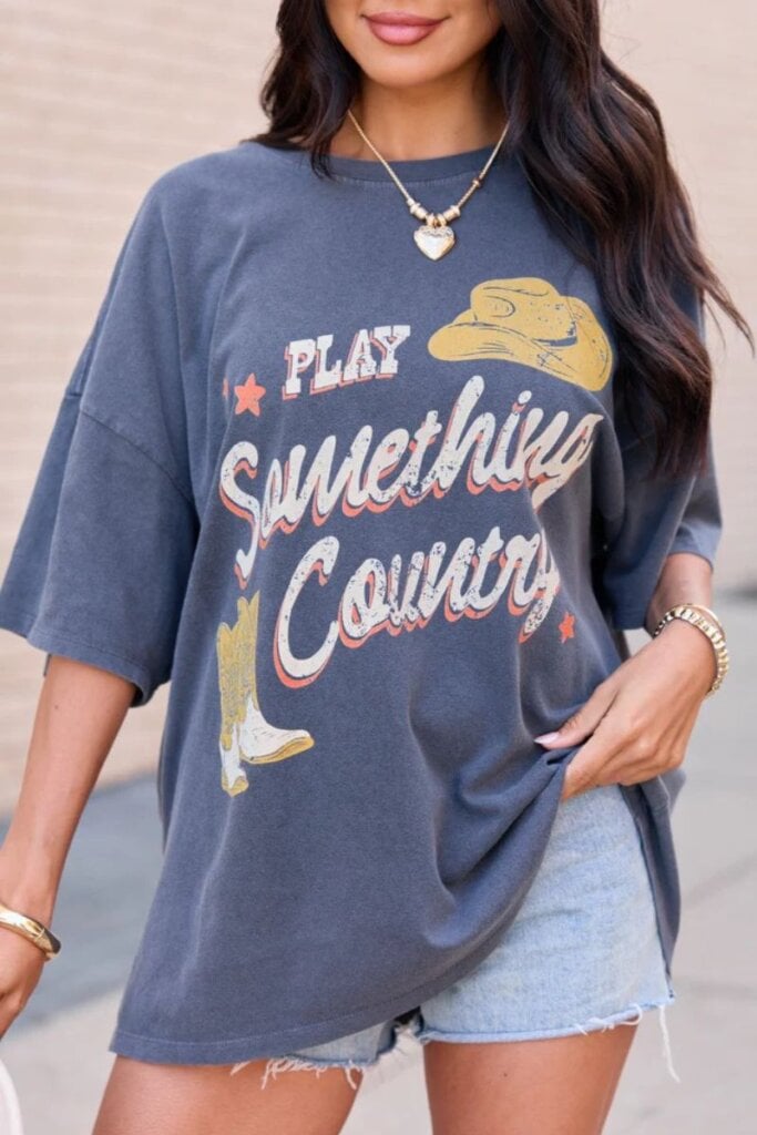 Play Something Country Charcoal Oversized Graphic Tee; Pink Lily