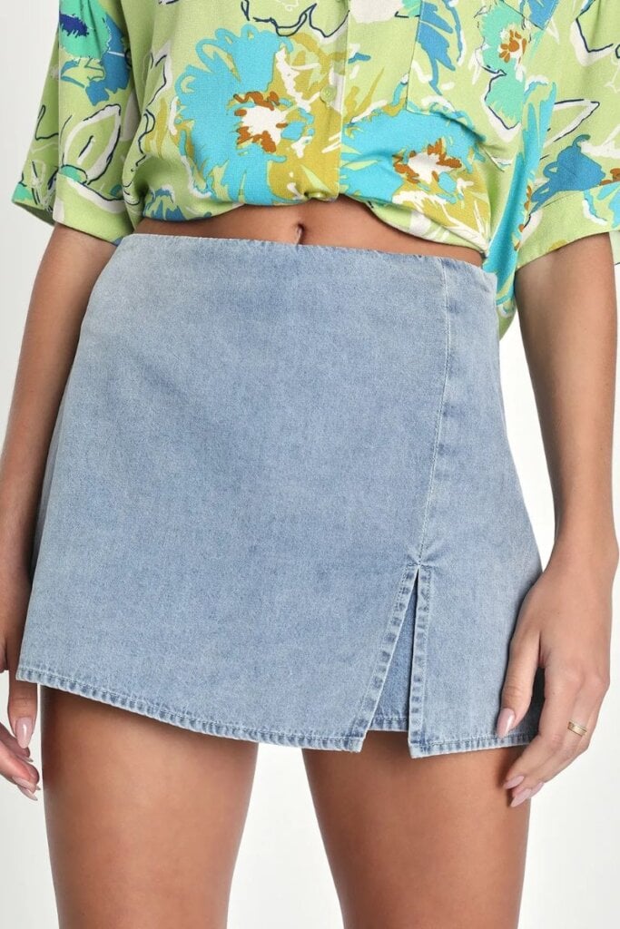 Born To Be Adored Light Wash Denim High-Rise Mini Skort; Lulus