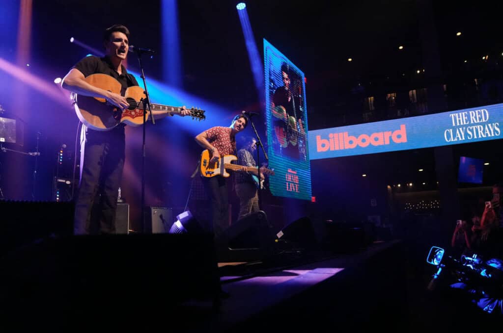 Brandon Coleman, Andrew Bishop and Zachary Rishel of The Red Clay Strays perform at Billboard Country Live; Photo Courtesy of Billboard