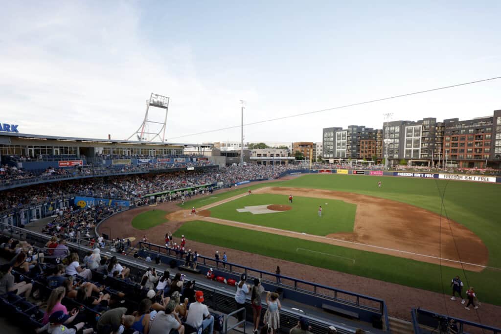 General view of atmosphere at the Folds of Honor Tennessee's Rock 'N Jock Celebrity Softball game at First Horizon Park on June 01, 2026 in Nashville, Tennessee; Photo by Jason Kempin/Getty Images for Folds of Honor Tennessee Inc.