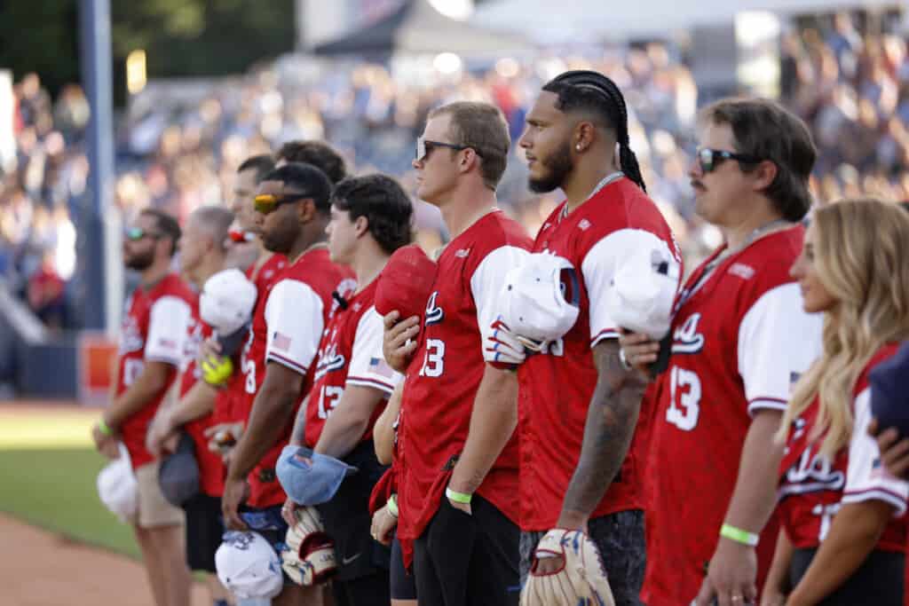 Parker McCollum, Jermaine Johnson and Hardy attend the Folds of Honor Tennessee's Rock 'N Jock Celebrity Softball game at First Horizon Park on June 01, 2026 in Nashville, Tennessee; Photo by Jason Kempin/Getty Images for Folds of Honor Tennessee Inc.