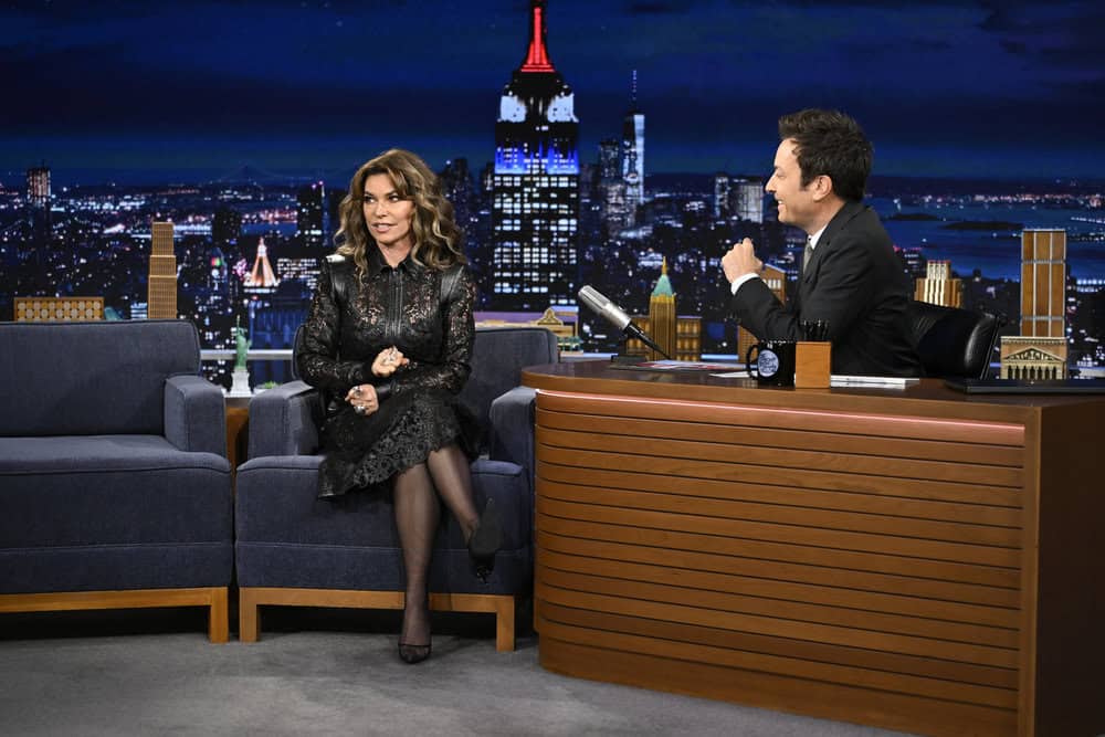 THE TONIGHT SHOW STARRING JIMMY FALLON -- Episode 2318 -- Pictured: (l-r) Singer-songwriter Shania Twain during an interview with host Jimmy Fallon on Wednesday, July 22, 2026 -- (Photo by: Todd Owyoung/NBC)