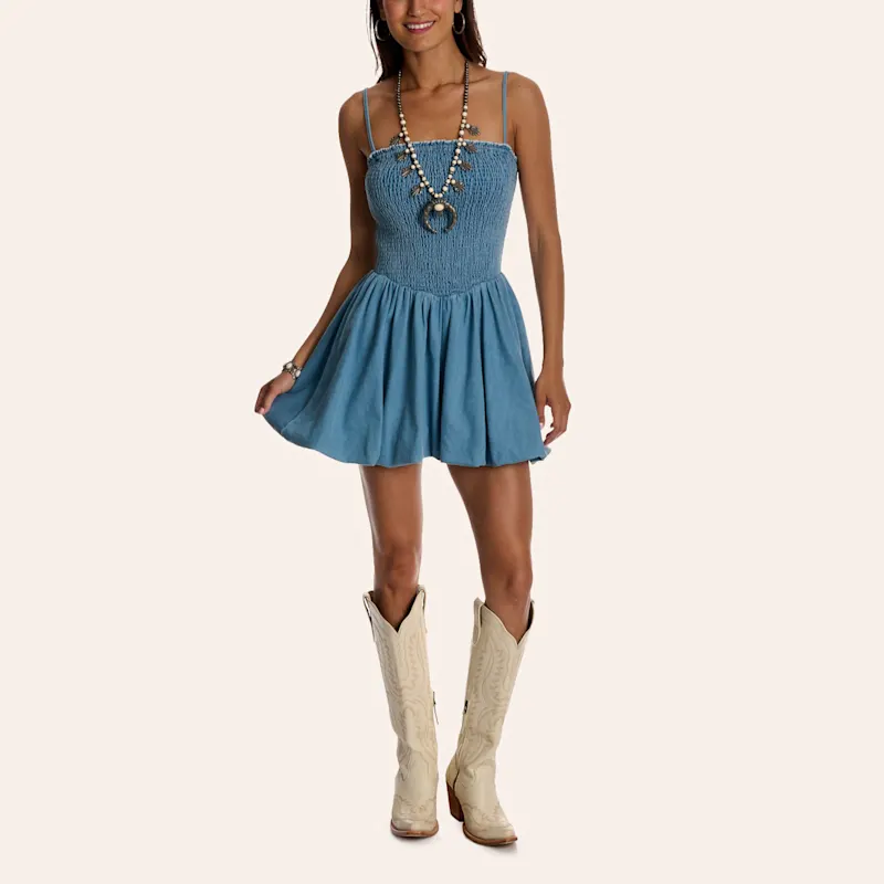 Needii Women's Light Wash Denim Smocked Mini Dress; Cavender’s