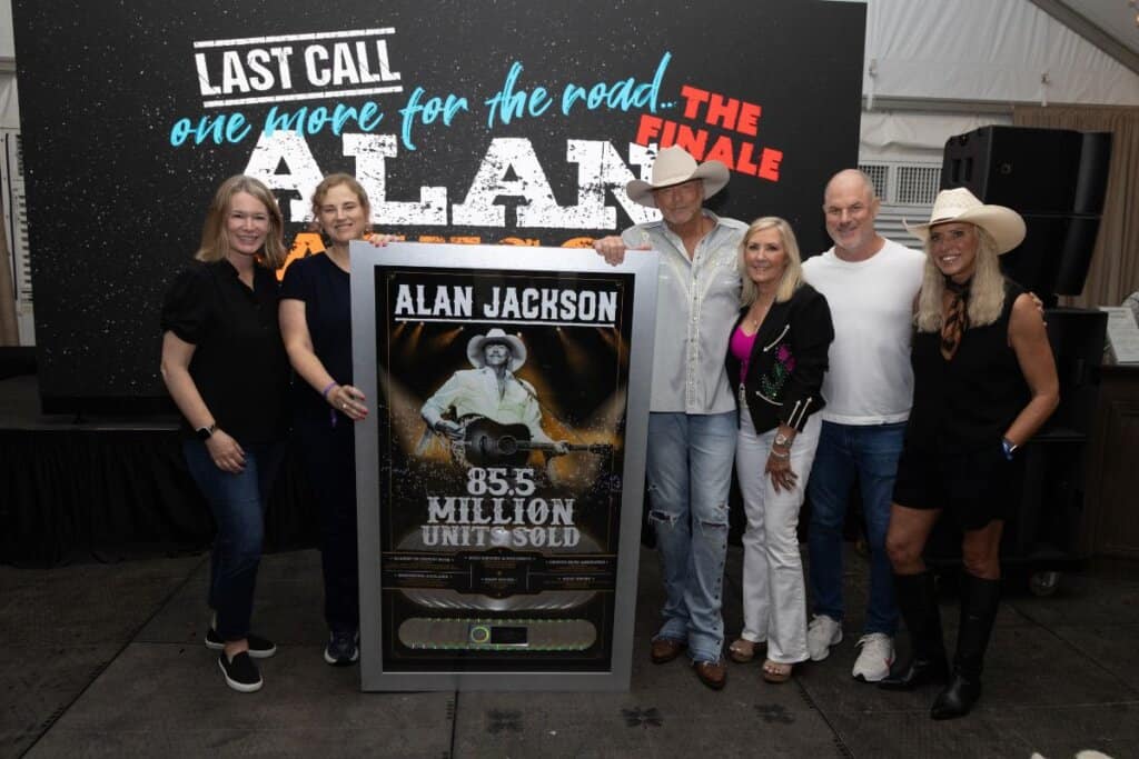(L-to-R: Morna Willens, RIAA Chief Policy Officer; Jackie Jones, RIAA SVP Artist & Industry Relations; Alan Jackson, Denise Jackson, Mike Harris, MCA President/CEO; Stephanie Wright, MCA EVP/Head of A&R)