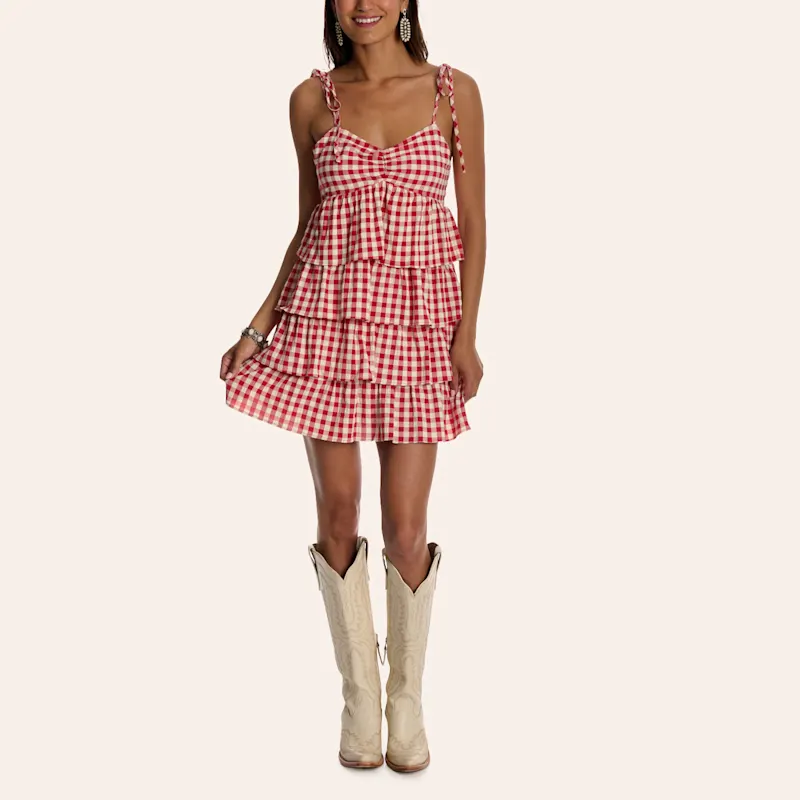 TCEC Women's Red Gingham Print Tiered Mini Dress; Cavender's