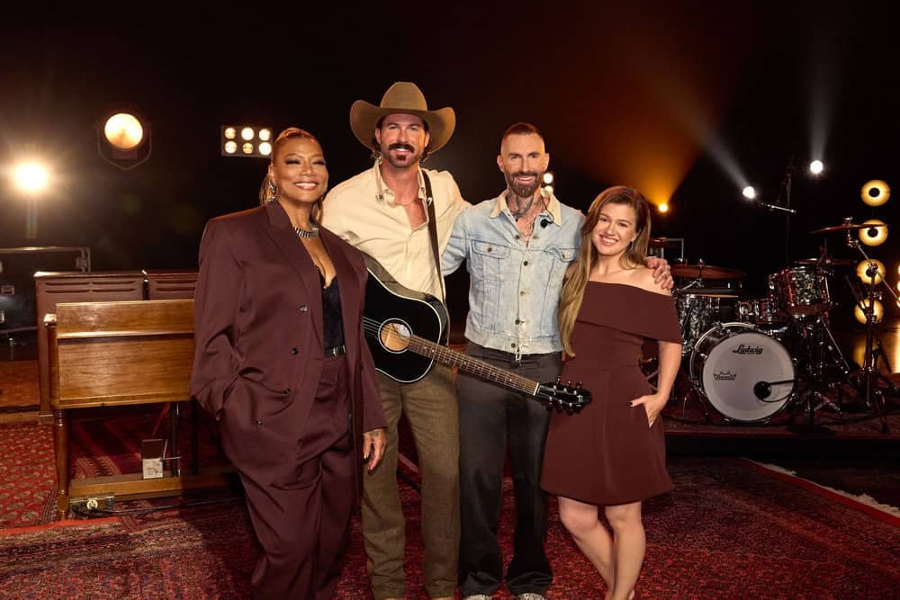 Queen Latifah, Riley Green, Kelly Clarkson, Adam Levine; Photo by: Trae Patton/NBC