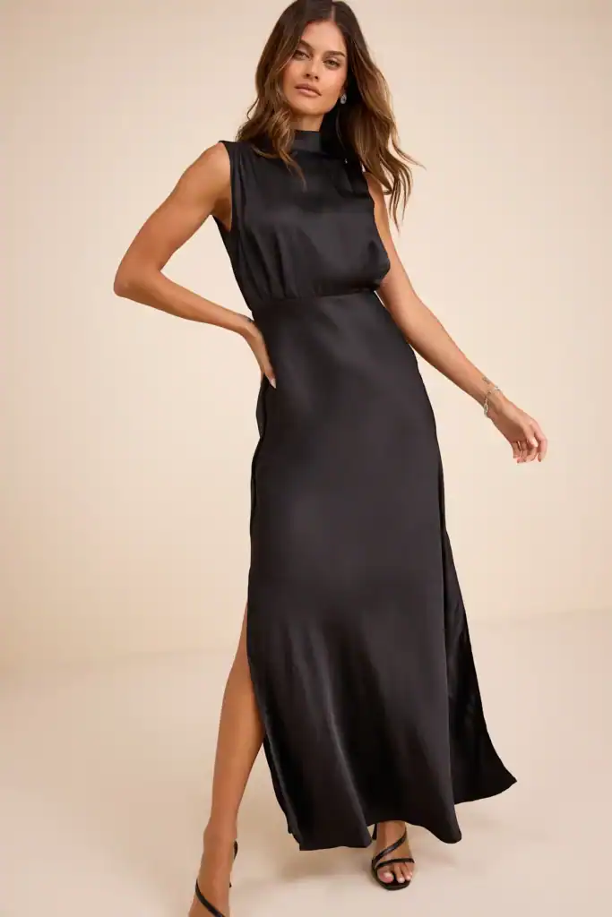 Classic Elegance Black Satin Sleeveless Mock Neck Maxi Dress - Lulus