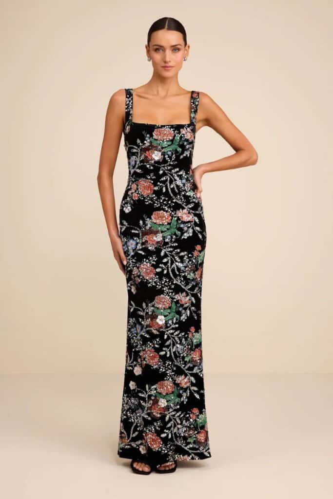 Camesha Black Multi Floral Velvet Sequin Maxi Dress - Lulus