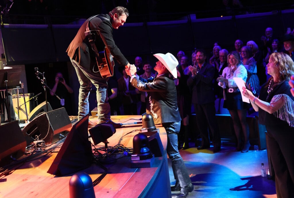 Blake Shelton greets Paul Overstreet during the Country Music Hall of Fame and Museum Class of 2026 Medallion Ceremony at Country Music Hall of Fame and Museum on October 18, 2026 in Nashville, Tennessee; Photo by Terry Wyatt/Getty Images for Country Music Hall of Fame and Museum